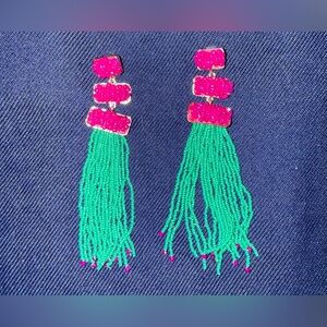 EUC Pink and Green Beaded Tassel Earrings